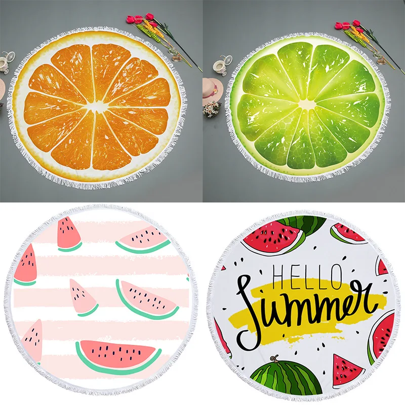 

Factory direct sale round printing beach towel microfiber plus tassel soft feel can be customized-fruit series