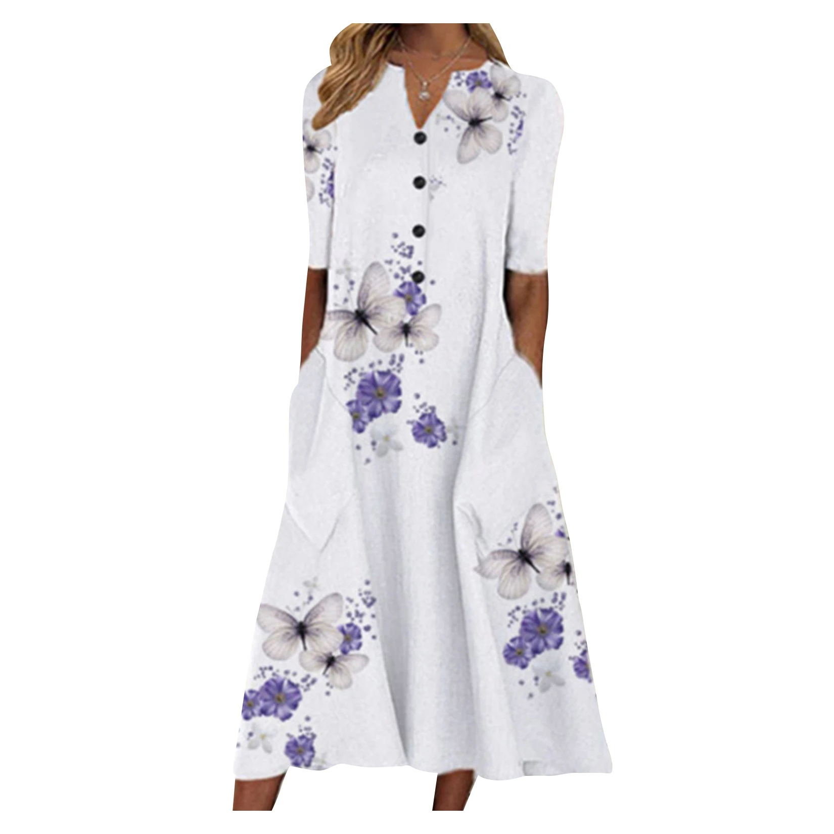 

Платье-макси с V-образным вырезом, коротким рукавом и карманами