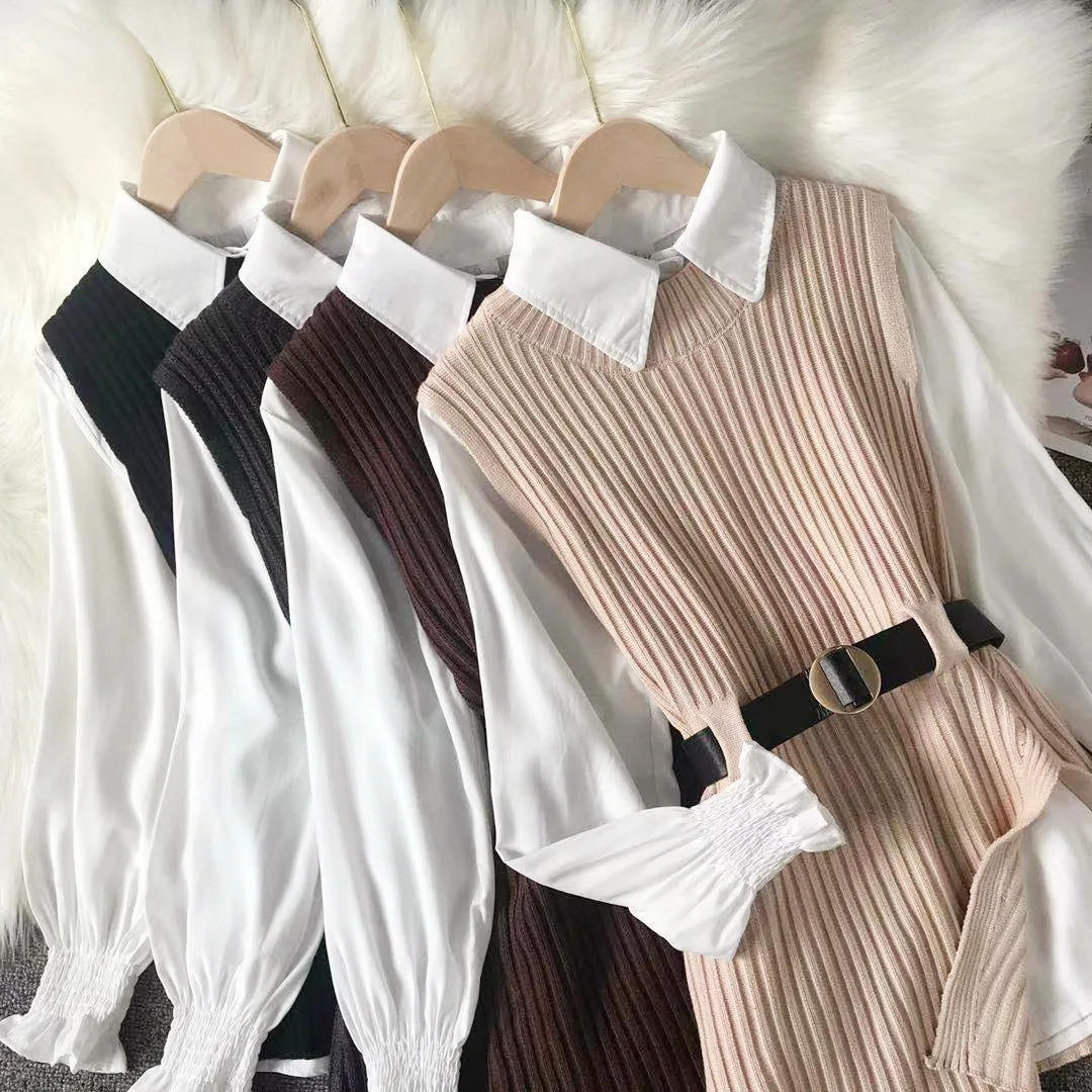 

Two-piece Suit White Shirt Top Design Slit Knit Vest Shirts Fashion 2022 Spring And Autumn New Women's Clothing