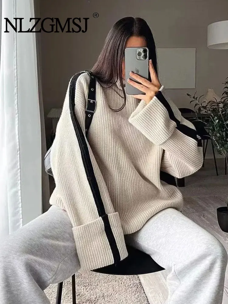 

TRAF 2023 Autumn Winter Oversize Sweaters for Women Turtleneck Knitted Sweater Woman Long Sleeve Pullover Casual Knitwear Tops