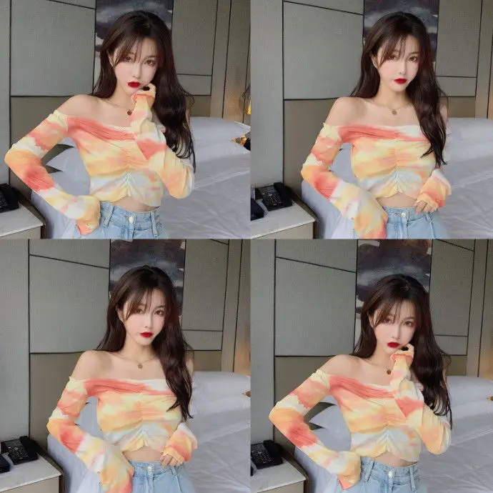 

Новинка 2022, элегантная Весенняя блузка с воротником-лодочкой, Женская пикантная Однотонная рубашка, пуловер, осенняя мода, Топ с длинным рук...