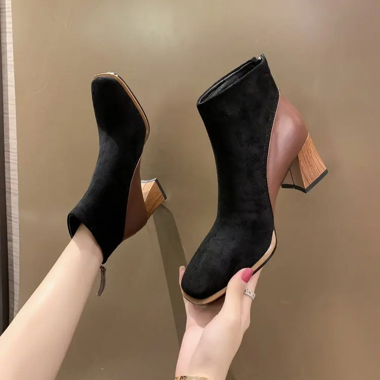 

Женские резиновые ботинки-женские ботинки на молнии сзади, дождевые ботильоны на среднем каблуке, осенние ботинки из флока в стиле ретро дл...