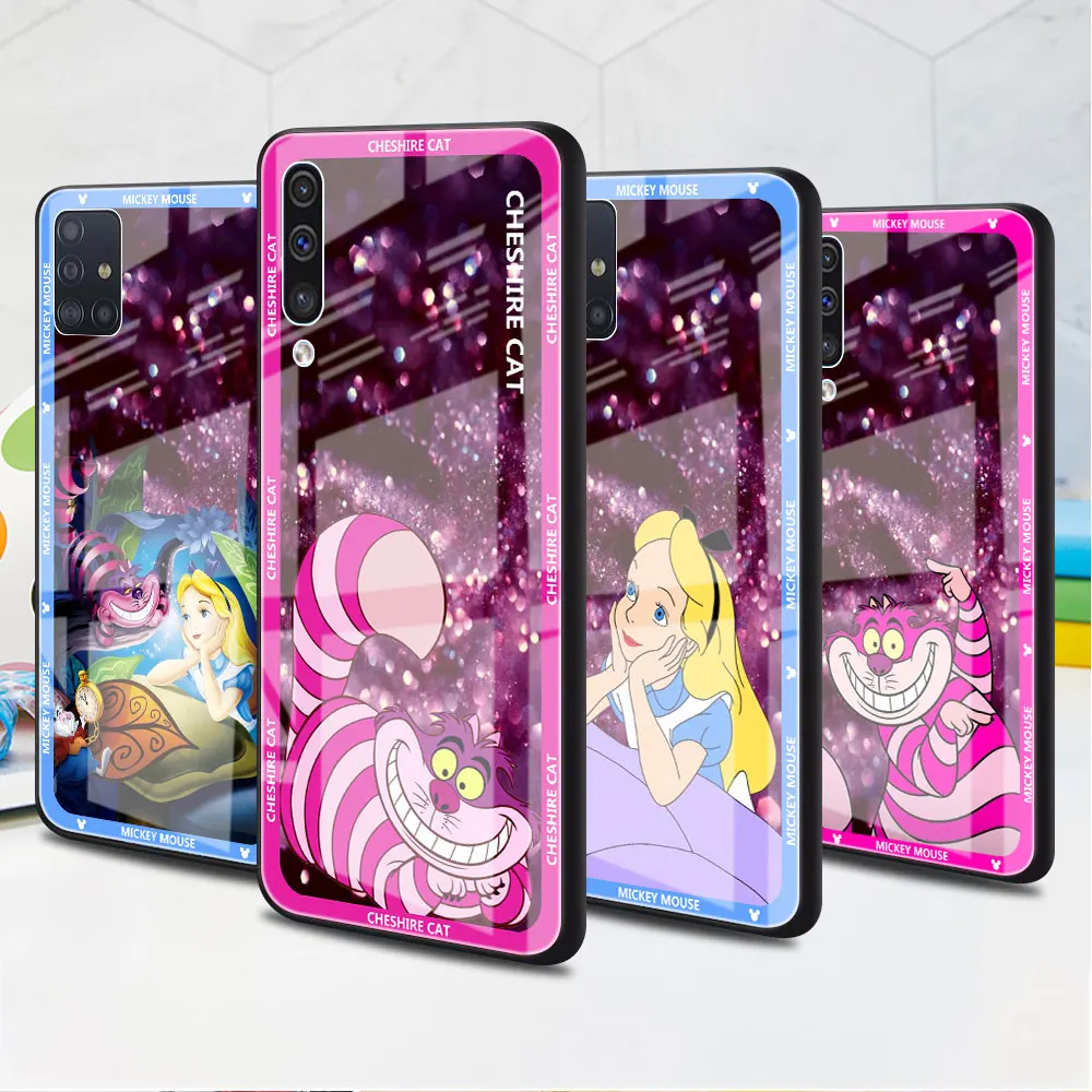 

Glass Case for Samsung Galaxy A52 A53 5G A72 A71 A54 A50 A14 A23 A13 A21s Black Soft Edge Phone Coque Princess and Cat Disney