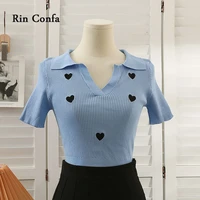 rin confa women summer all match short sleeves top screw thread knitting tops love embroidery v neck sweet t shirt women