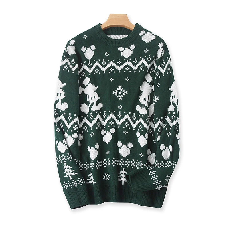 Autumn And Winter Women's Round Neck Sweater Fashion Loose Long Sleeve T-Shirt Christmas Pattern Warm Sweater 2023 Dark Green