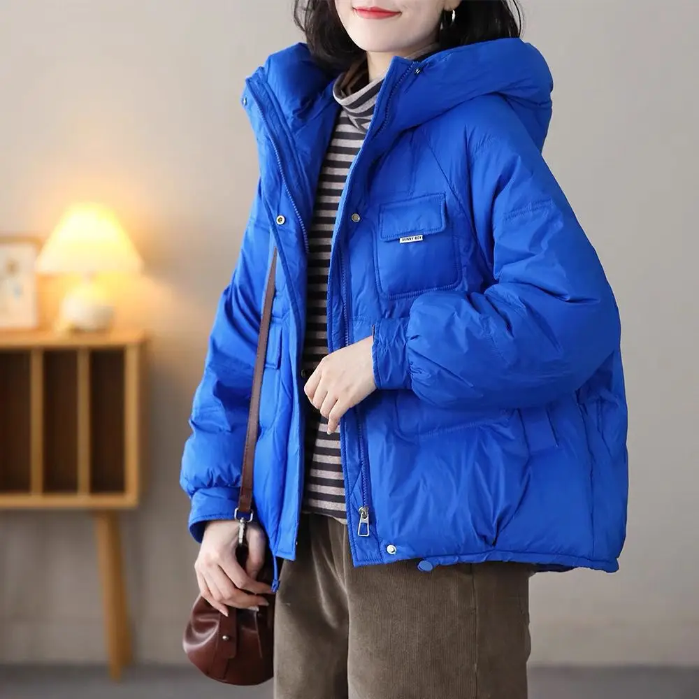 Women White Duck Down Jacket with Hood Autumn Winter Warm Outwear Casual Loose Outwear Thick Coat 2023 New Down Ladies M52