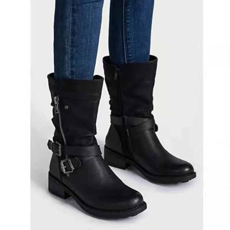 

Женские кожаные ботинки в стиле ретро, ботинки до середины икры с пряжкой и круглым носком, водонепроницаемые повседневные ботинки, женская обувь, 2023