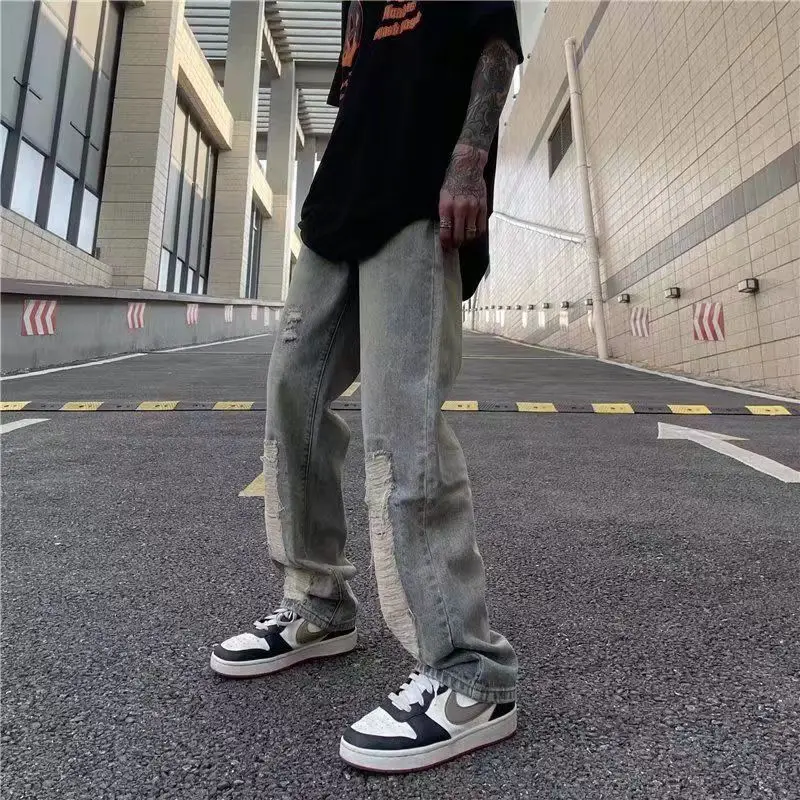 Men's Street Hole Jeans High Waist Blue Fashion Street Straight Pants Loose Retro Plus Size Women's Wide Leg Denim Trousers