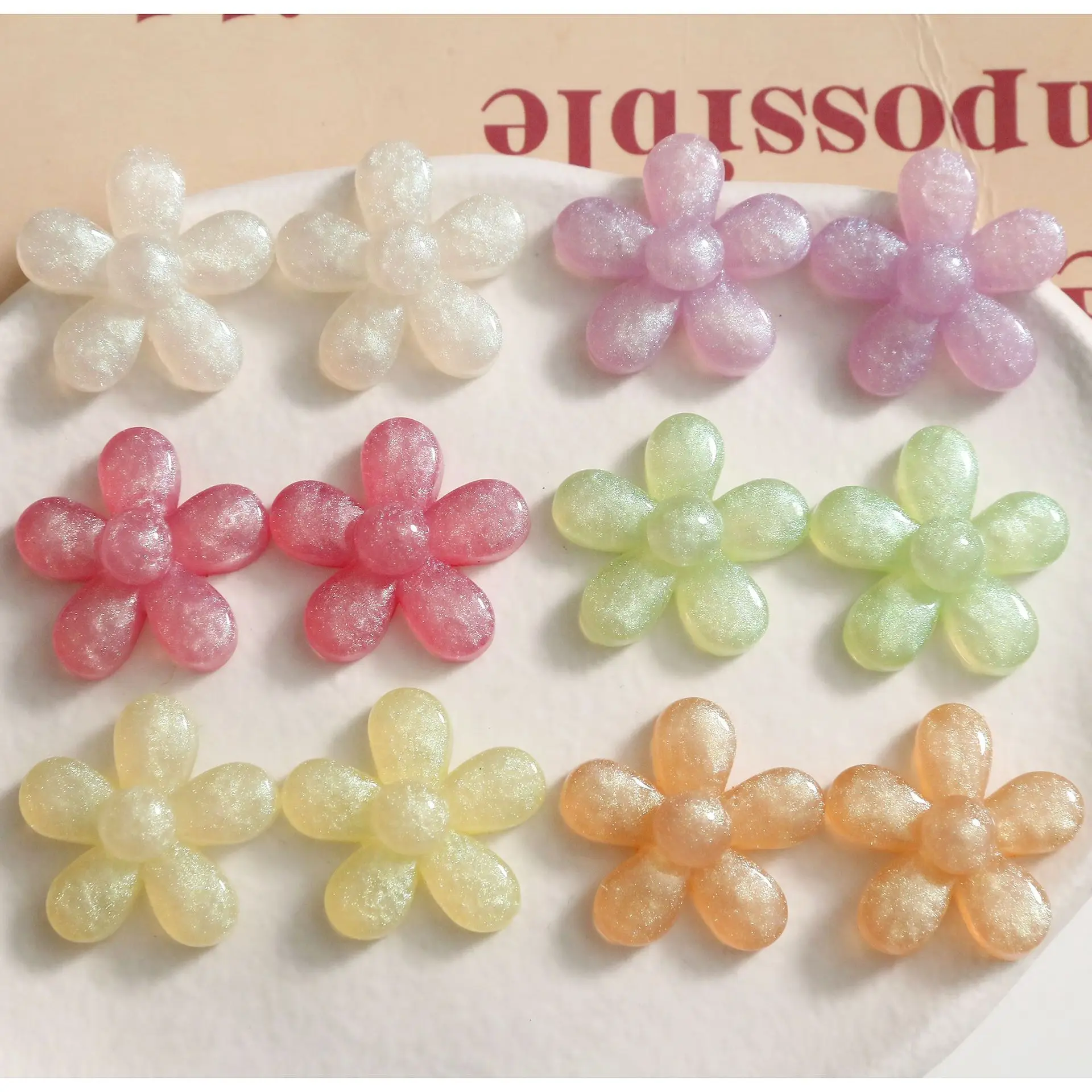 

Glitter Jelly Colors Flatback Acrylic Flower Patch Sticker 100pcs 26*26mm Ornament Accessories Plastic Floral Beading Material