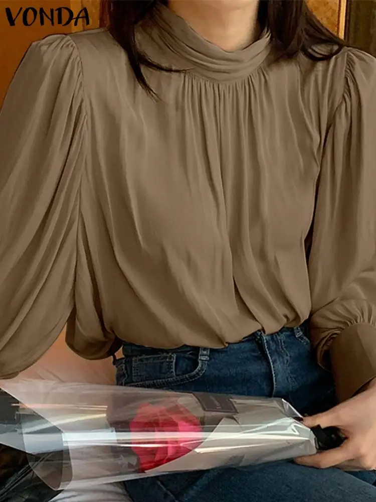 

VONDA 2022 Y2K Oversized Female Fashion Blouse Women Bohemian Casual Pleated Blusas Tops Long Sleeve Solid High Neck Chemise Top