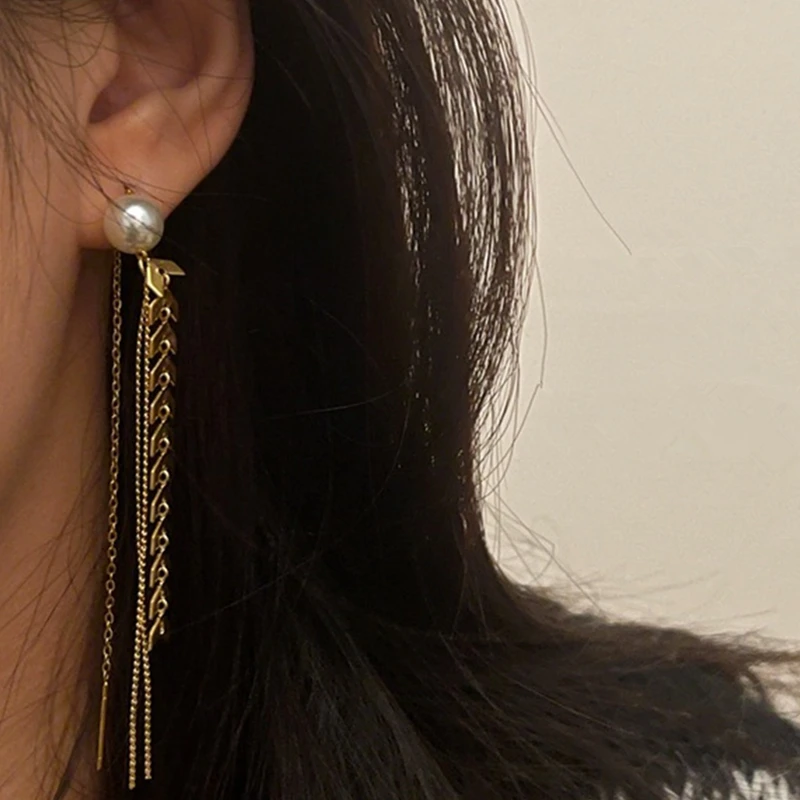 

French Fashion Design Long Tassel Drop Dangle Earrings for Women Girls Elegant Gold Color Imitation Pearl Metal Earrings Party