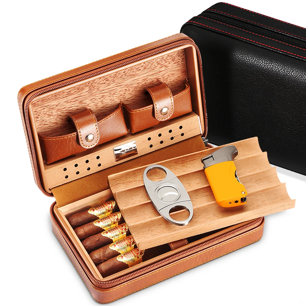 Portable Humidor Cigar Box Travel Cigar Case Leather Cedar Wood Cigar Humidor Box W/ Cutter Lighter Puro Set Accessories