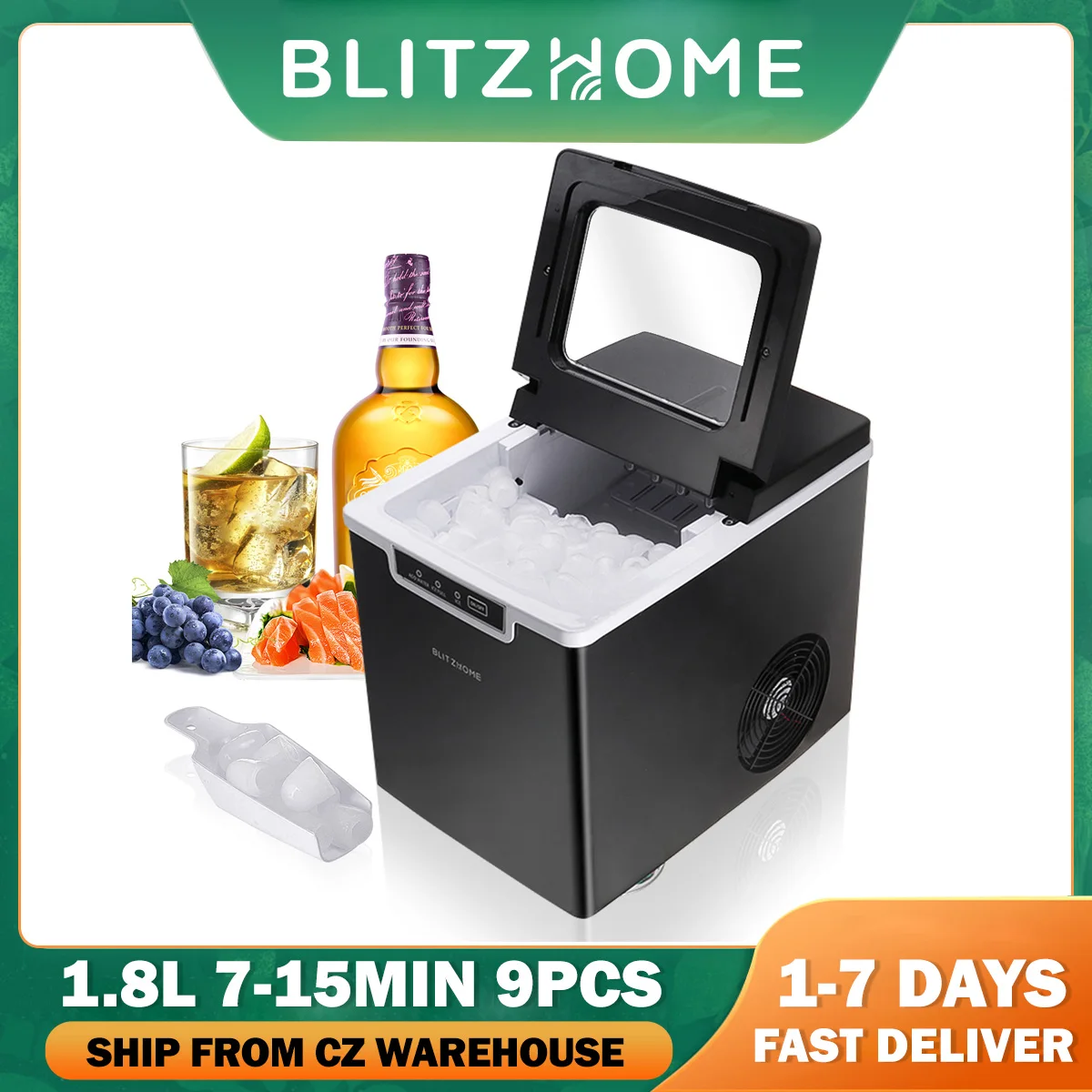 BlitzHome BH-IM2 Portable Automatic Countertop Ice Maker 7-15mins Fast Icing 10-12Kg/24h Bullet Shape Ice Low Noise for Home Bar