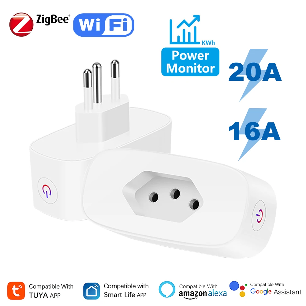 Plugue Tuya Brasil com Monitor de Energia, 16A, 20A, WiFi, Zigbee, Aplicativo Inteligente, Tomadas de Controle Remoto, Suporte Alexa, Google Home