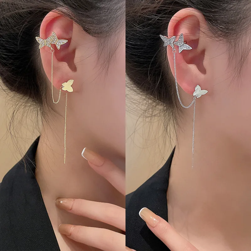 

JOZY Gold Plated Exquisite Long Tassel Butterfly Earrings Luxury Zircon One-piece High-end Drop Earring Korean Fashion Jewelry