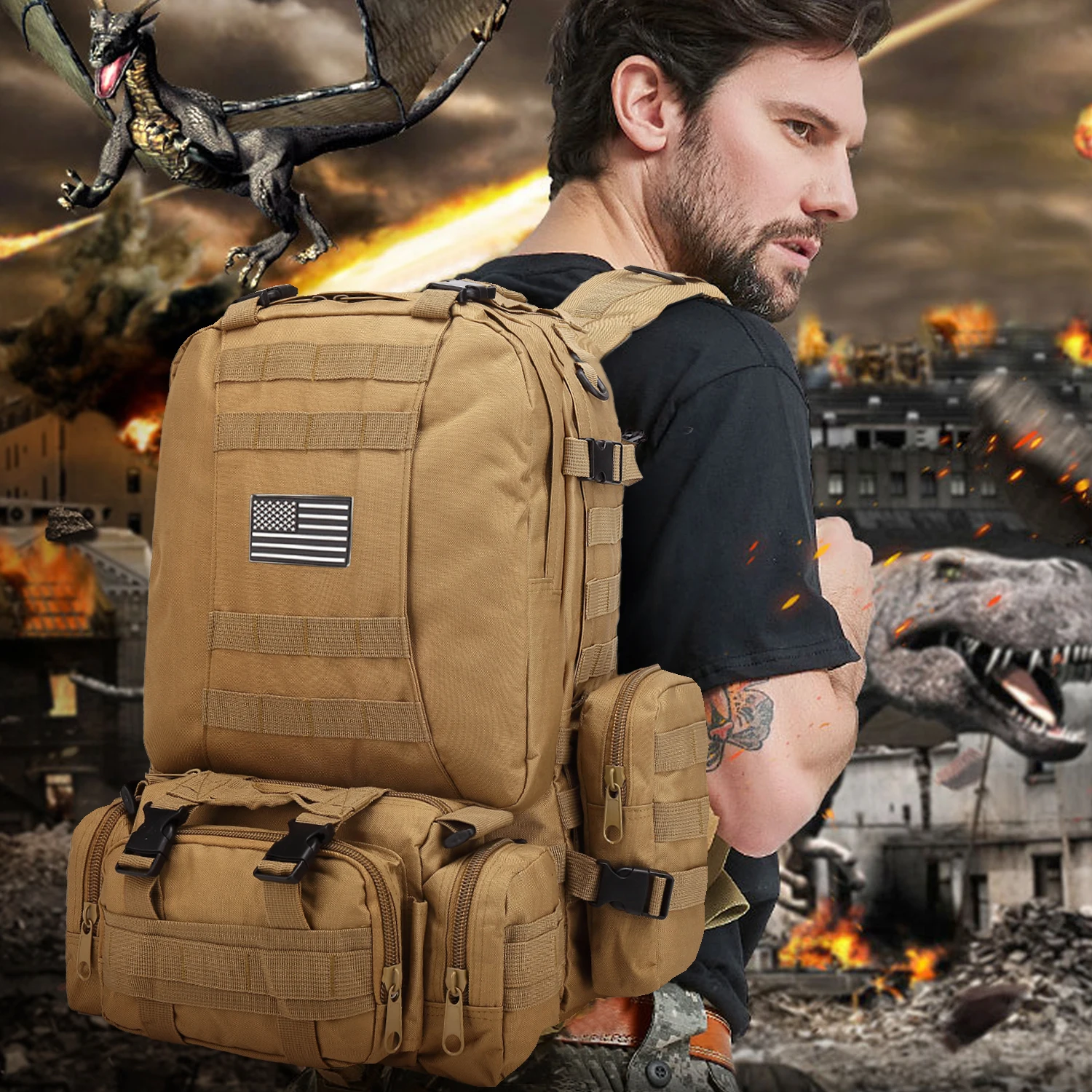 60L Large Capacity Men's Travel Tactical Backpack Waterproof Outdoor Hiking Rucksack Survival Molle Backpack