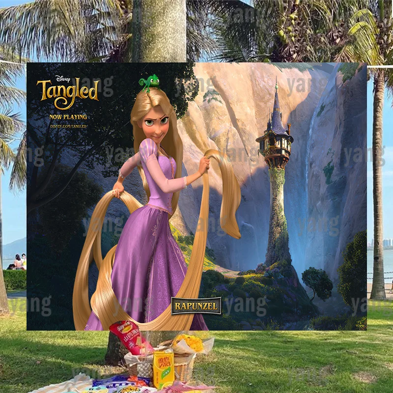 

Cartoon Disney The Valley Background Banner Custom Tangled Rapunzel Girls Princess Birthday Photo Backdrop Kids Shower Party