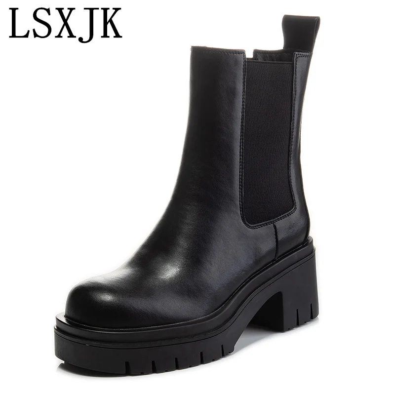 

LSXJK Chelsea Short Boots Women's Thick Sole Heightening Martin Boots Genuine Leather British Style High Heel Thin Chimney Boots