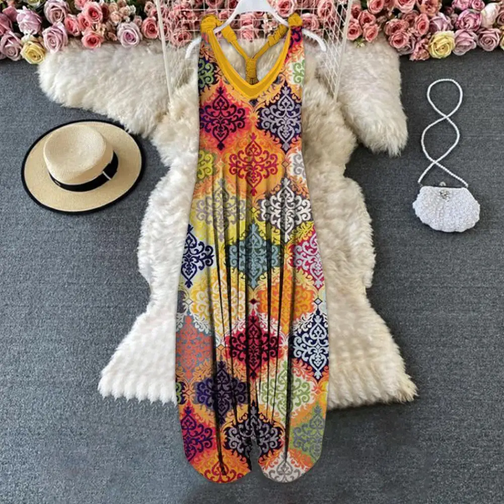 

Stylish Beach Jumpsuit Thin Baggy Jumpsuit Vintage Pattern Sleeveless Backless Jumpsuit Patchwork