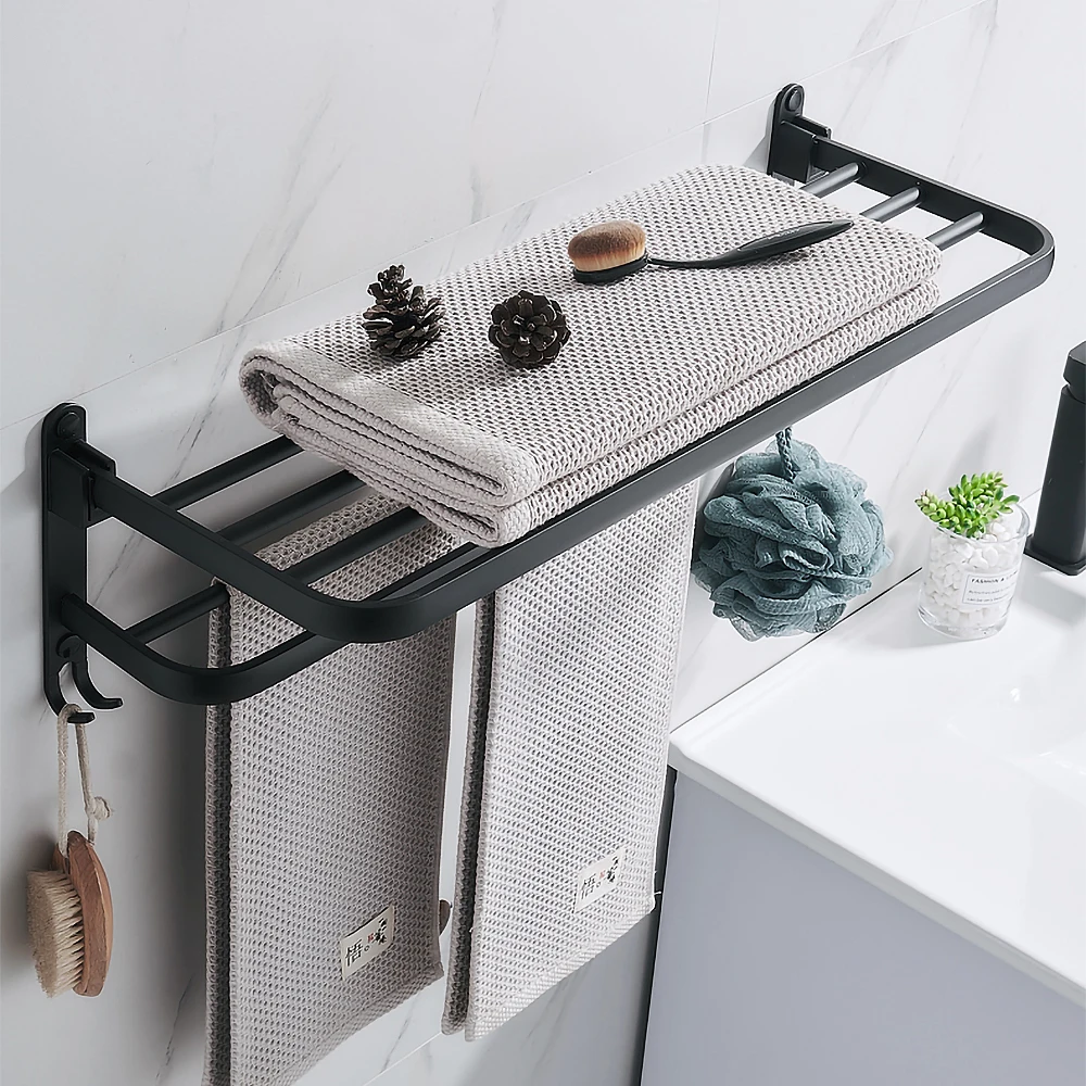 towel rack 40 60 cm folding holder with hook bathroom accessories wall mount hanger shower bar aluminum rail matte black shelf free global shipping