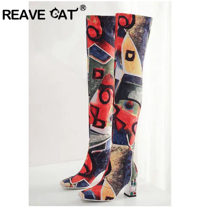 

REAVE CAT Women autumn Spring Thigh High Boots Ankle Clear Transparent Heels Stretch Colorful Over The Knee Botas Bottine Femme