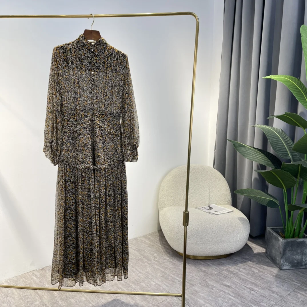 

Half Open Neckline Frill Ruffle Ladies Midi Dress Floral Print Ruched Semi-sheer Chiffon 2022 Summer High Quality Clothing