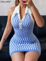 blue striped knitted halter bodycon dress women summer 2022 sexy v neck backless mini dress sleeveless short polo shirt dress