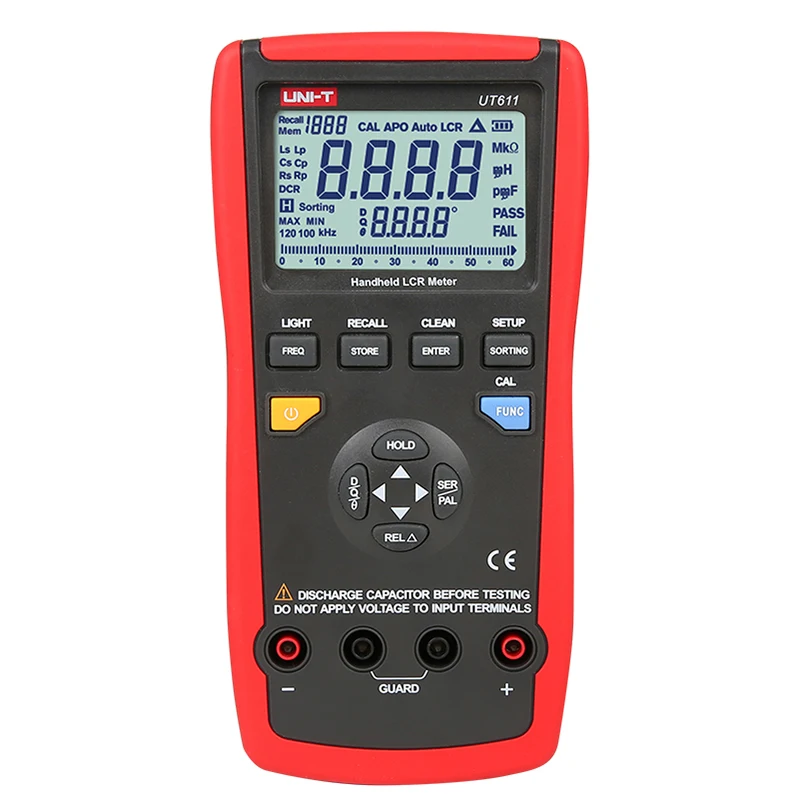 

UNI-T UT611 Hand-held LCR Meter Inductance 600uH~200H Capacitance 600pF~10mF Resistance 60~20M Ohms Frequency 100Hz~10kHz Tester