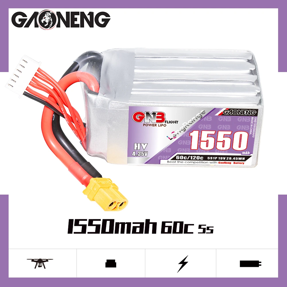 

GaoNeng GNB 5S1P 1550 мАч 19,0 в 60C/120C светильник диапазон LiHV Lipo аккумулятор с разъемом XT60 для FPV гоночного дрона