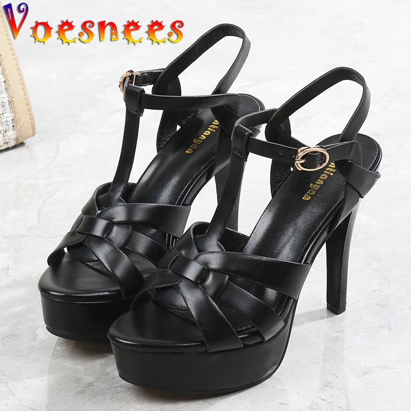 

2022 New Summer Woman Models Platform Sandals Buckle Strap Fashion Weave Design Open Toe High Heels Pure Colour Party Dress Shoe