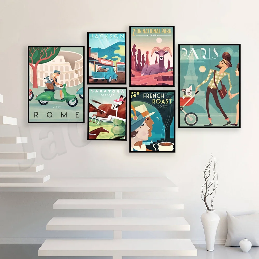 Wyoming Zion Badlands National Park bison Paris Rhode Island Saratoga France Rome camping coffee vintage travel poster