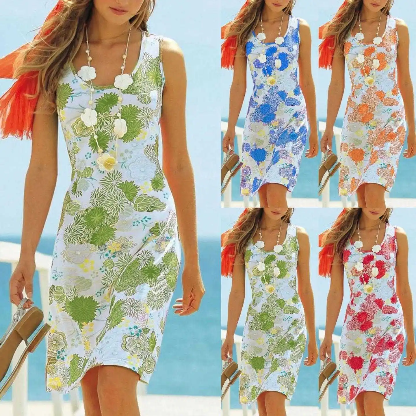 

Floral Print U Dress Neck Sleeveless Beach Vacation Mid Length Womens Clothing