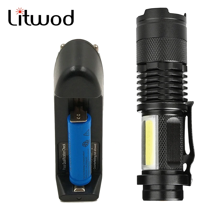 

XP-G Q5 + COB Zoom Waterproof Black LED MINI Flashlight Aluminum 4 Modes Torch Use 14500 or AA Battery for Camping Working Bulbs