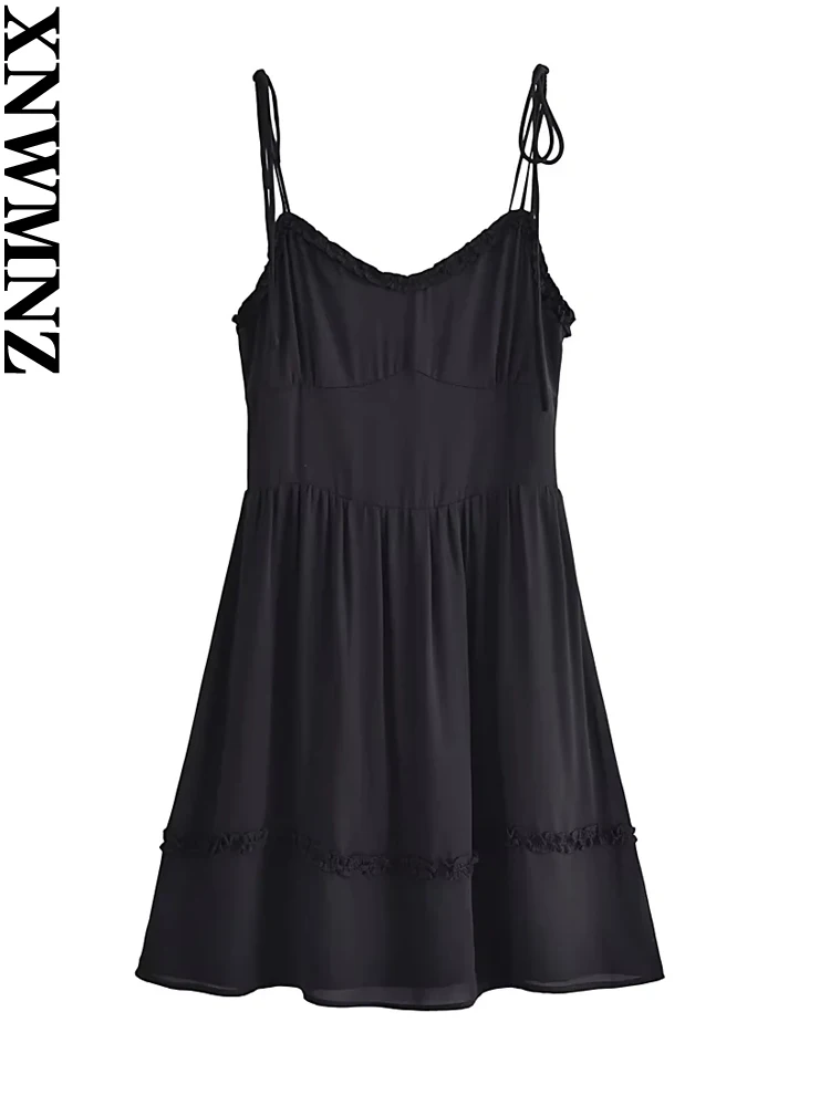 

XNWMNZ 2023 New Women Fashion French Vintage Mini Dress Holiday Adjustable Strap Stringy Selvedge Slim Fit Female Dresses