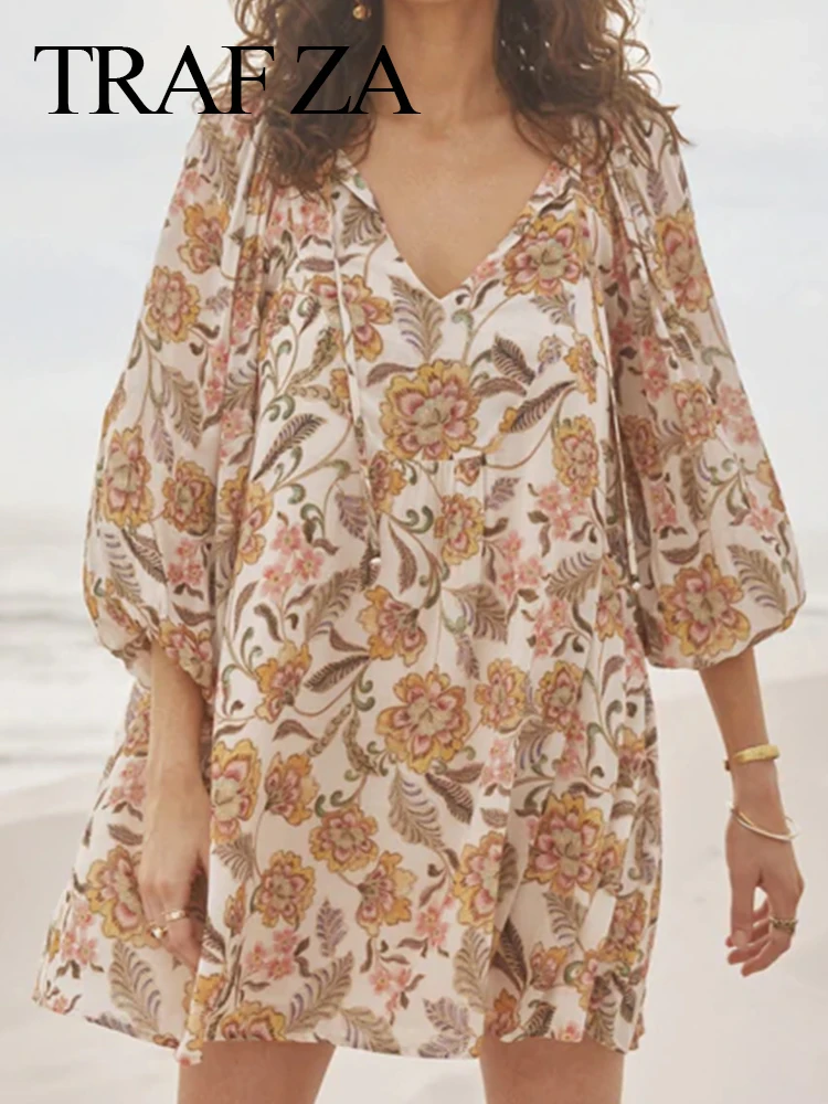 

TRAF ZA Fashion Print Flower Short Dress Round Neck Tie Hollow Loose Casual Puff Sleeves Elegant Trend Daily Resort Dress Women