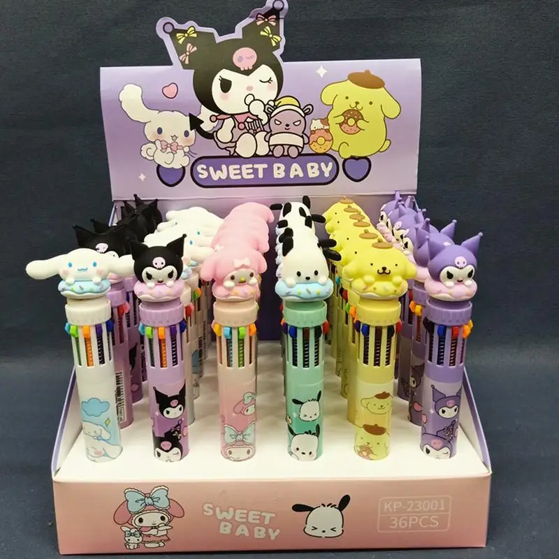 

36pcs Sanrio Colorful Pen Kawaii Mymelody Kuromi Cinnamoroll Student Cartoon Ten Color Ballpoint Pen Children's Stationery Gift