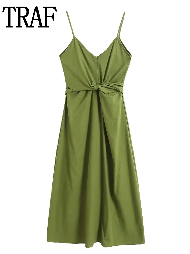 TRAF Green Maxi Dresses For Women Off Shoulder Slip Dress Summer Backless Long Dress Woman Pleated Knotted Elegant Dresses
