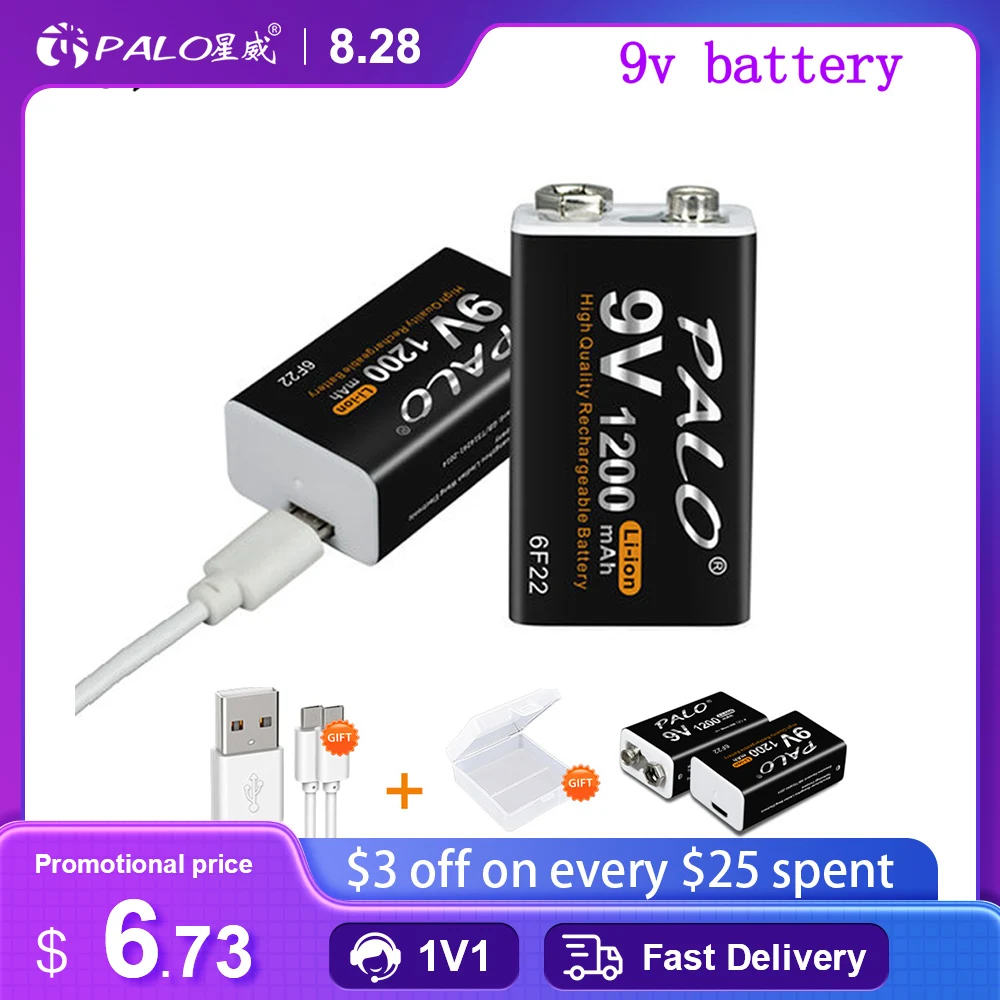 PALO 1200mAh 9V Rechargeable Battery 6F22 9V USB Charging Lithium Li-ion Batteries For Metal Detector Model Microphone Toy