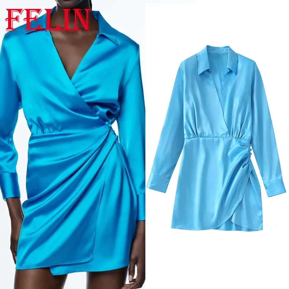 

Винтажное однотонное синее атласное мини-платье, женское Плиссированное Платье-рубашка с V-образным вырезом и длинным рукавом, модное летне...
