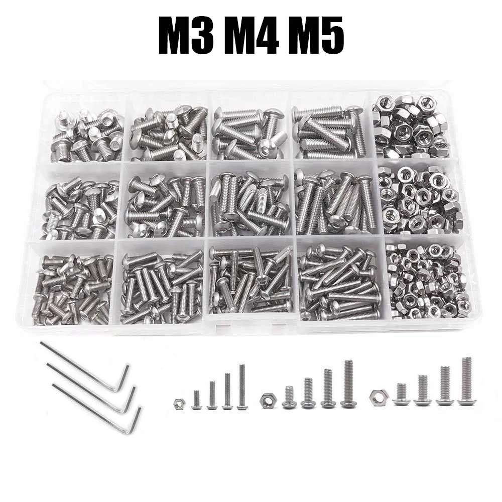 

500Pcs M3 M4 M5 Hex Hexagon Socket Screw Set Stainless Steel Flat Round Cap Head Screw Kit Bolts and Nuts Allen bolts Set