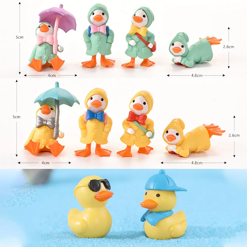 

Миниатюрная фигурка Милая желтая утка, мультяшный зонт, дождевик, утята, украшения для сказочного сада, кавайный домашний декор, 4 шт.