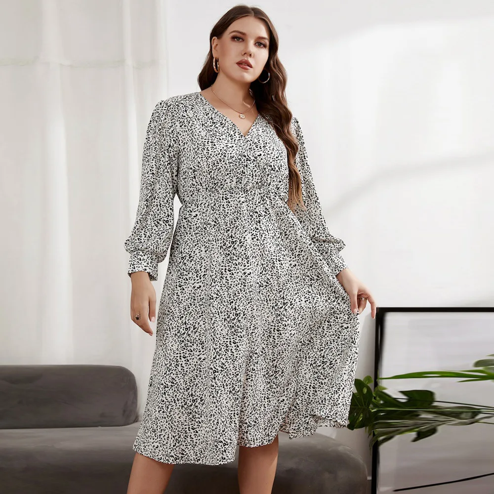 

Summer New Women Dresses Print Floral Fashion V Neck Long Sleeves Dress Plus Size Casual Pattern Elegant Loose Calf Length