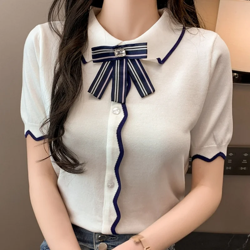 

2022 Summer New Knitted Sweater Women Short Sleeve Turn Down Collar Shirt Button Bow Striped Elegant SILK Tops White Black