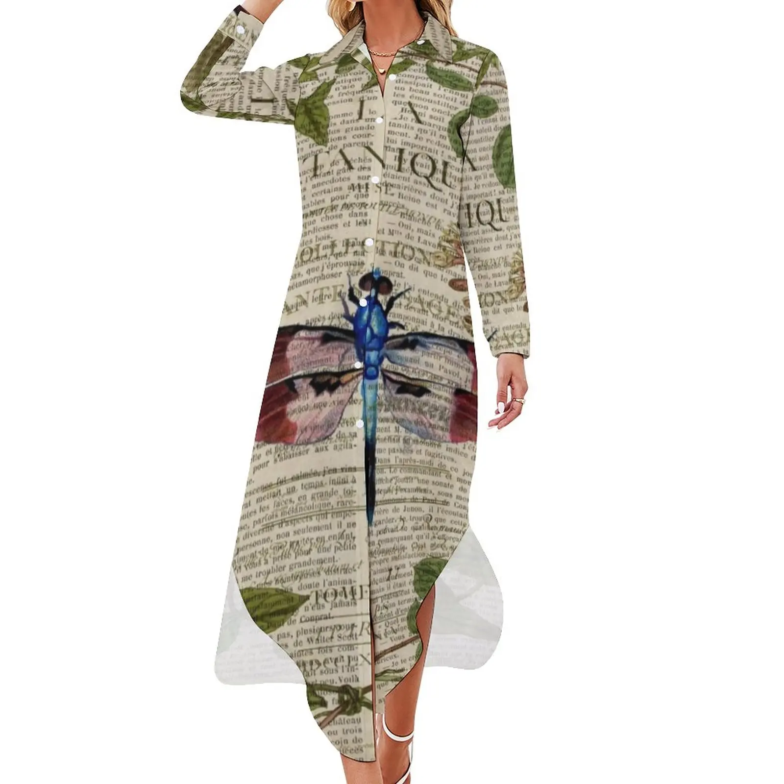 

Newspaper Print Casual Dress Modern Leaves Botanical Art Aesthetic Dresses Long Sleeve V Neck Graphic Oversize Chiffon Dress