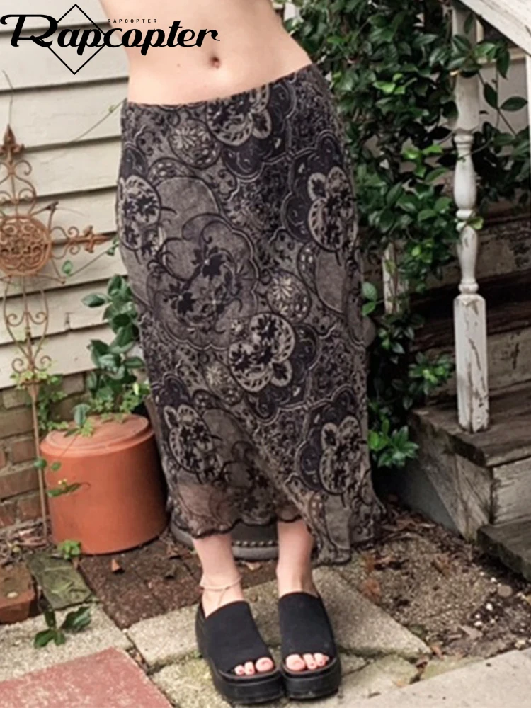 Юбка-миди женская прямая с цветочным принтом заниженной талией - купить по