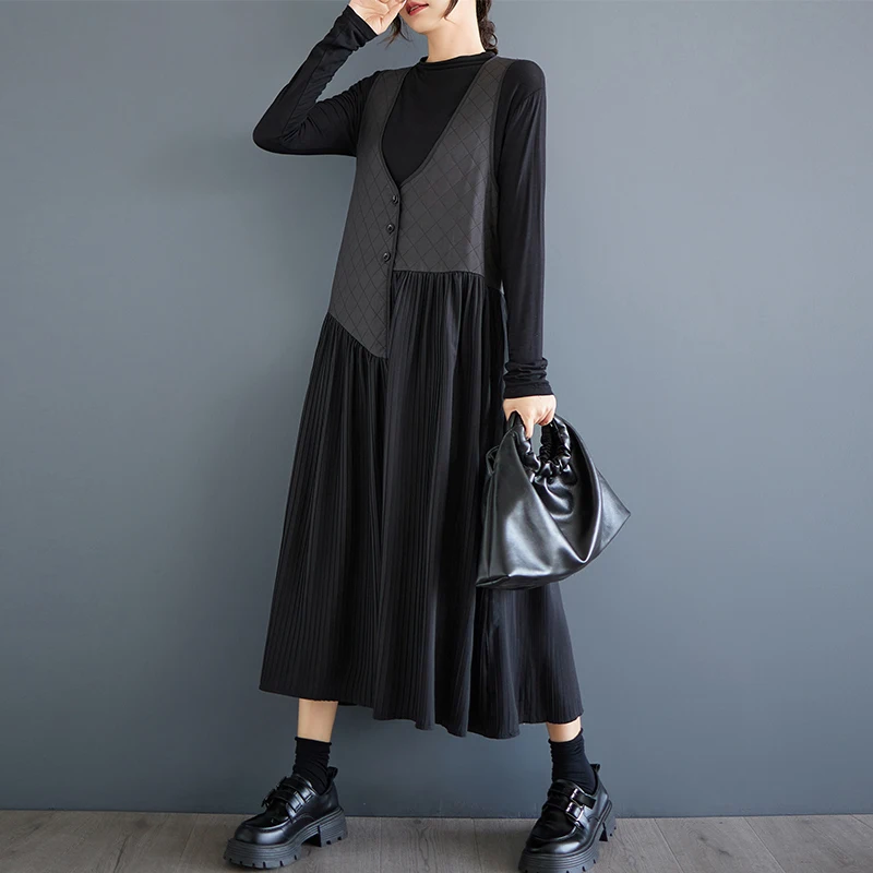 # 6880 Черные женские платья-майки с v-образным вырезом и пуговицами свободное