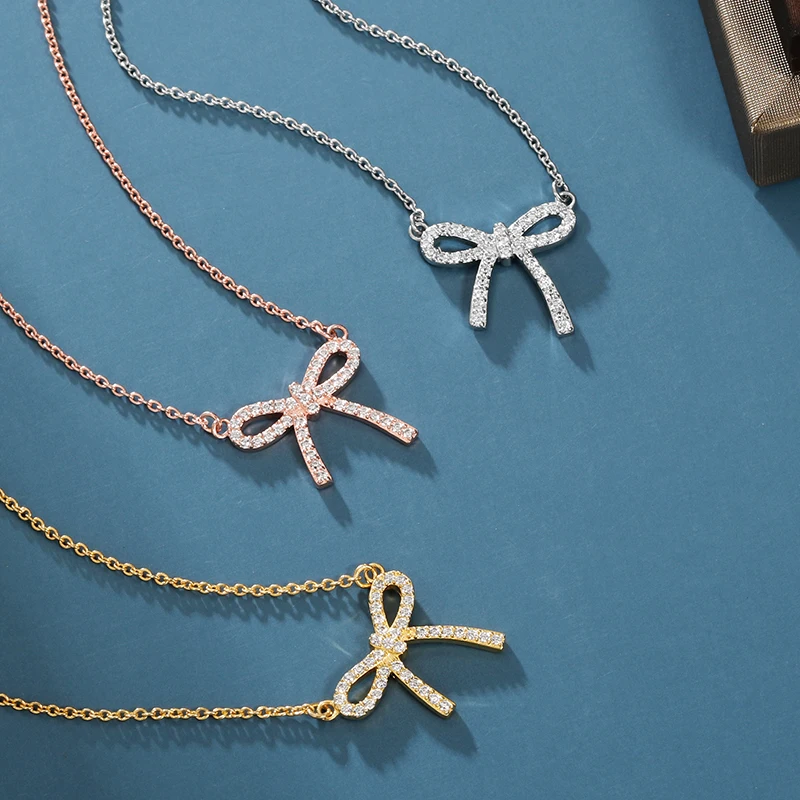 

Bow Knot Necklaces Full Zircon Necklace Pendant S925 Sterling Silver Sweet Fashion High Quality Jewelry Gifts for Women