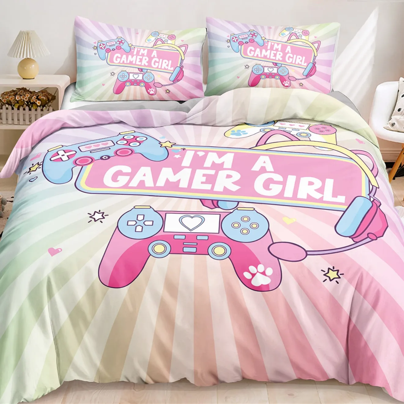 

Game Duvet Cover Set Pink Gamepad Controller King Size Bedding Set I'm A Gamer Girl Pattern Rainbow Stripes Lovely Quilt Cover