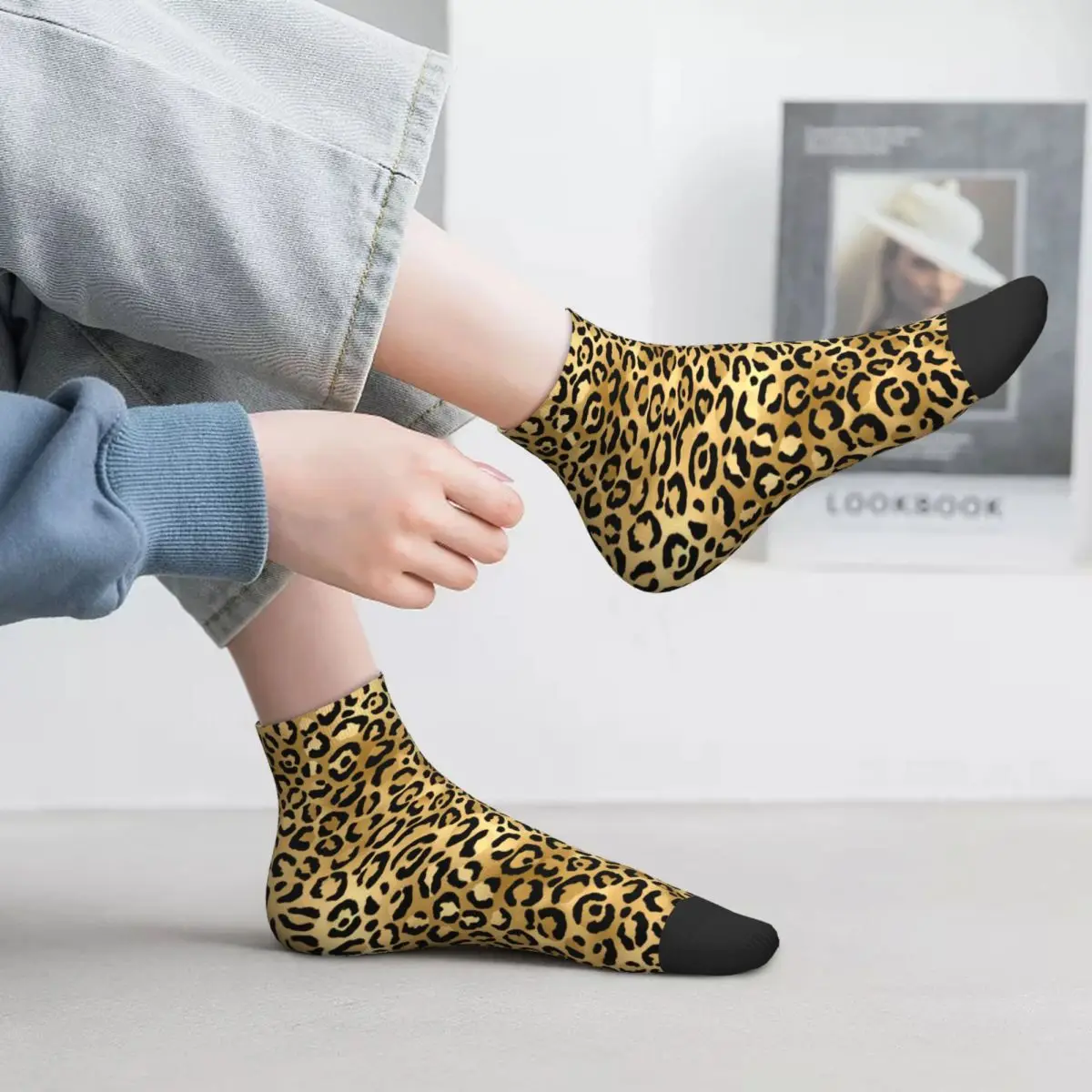 

Cheetah Animal Trendy Socks Black Gold Leopard Print Stylish Street Modern Short Tubes Large Chemical Fiber Novelty Child Socks