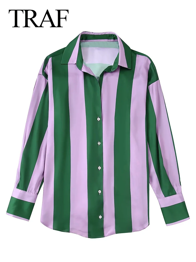 

TRAF Women's Commuter Shirt Purple Green Stitching Vertical Stripes Casual Loose 2022 Fashion New Shirt All-match Daily Tops